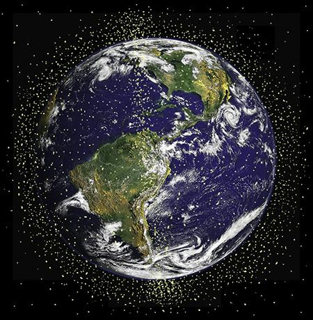 一位艺术家描绘的漂浮在地球周围的太空碎片. (图片来源:Heather F. 莱利/美国国家航空航天局)
